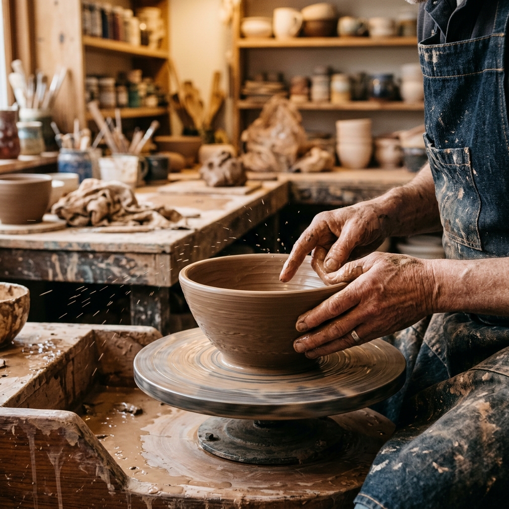 Artisan shaping clay on a potter's wheel